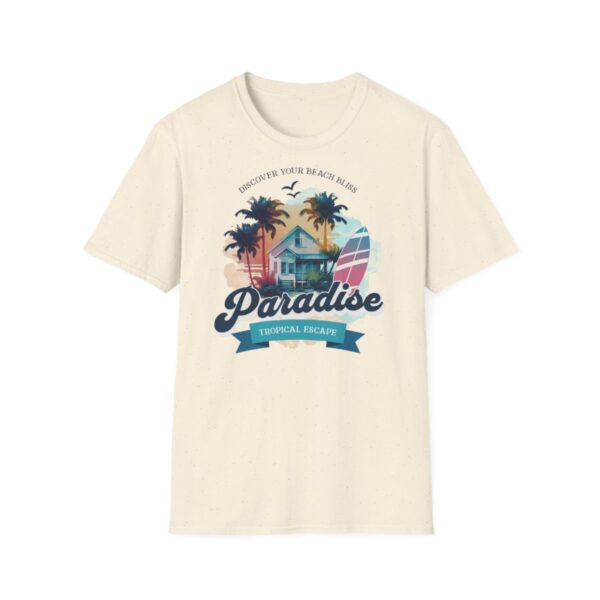 Plážové tričko s potiskem "Discover Your Beach Bliss - Paradise" Unisex Softstyle