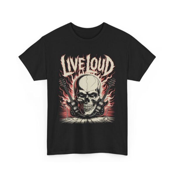 Tričko s potiskem "LIVE LOUD" – Lebka, kytary a plameny rocku!